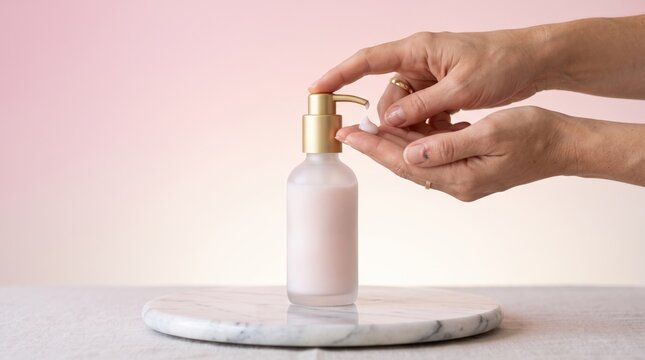 A close-up shot showcases a person dispensing a creamy lotion from a pump bottle onto their palm, hinting at a moment of personal care and hydration.