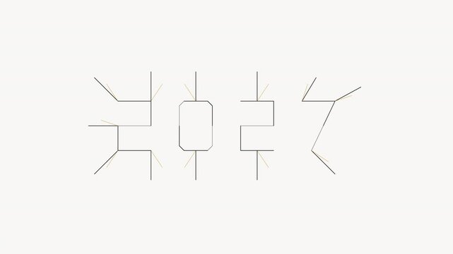 Premium microstock seamless line-icon animation where individual geometric line strokes sequentially assemble into the number '2027', transform into a minimalist fireworks burst, and disassemble. Desi