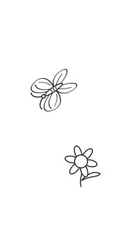 Minimalist line art animation of a butterfly gliding towards a flower on a white background.