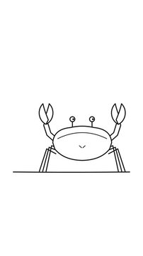 Minimalist line art animation of a cartoon crab sidestepping with raised claws on a white background.