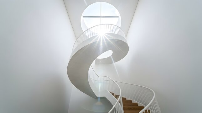 Modern minimalist spiral staircase inside white building with bright round skylight