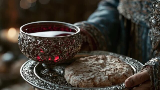 A richly decorated chalice filled with deep red liquid rests on an ornate tray next to a rustic loaf of bread. ..Created with Generative AI, not depicting real subjects.
