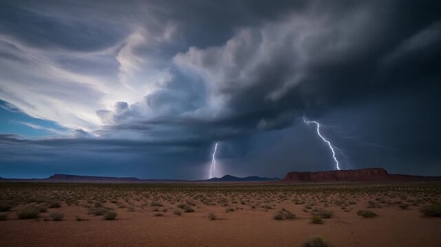 Dramatic Desert Lightning Storm Over Arid Landscape