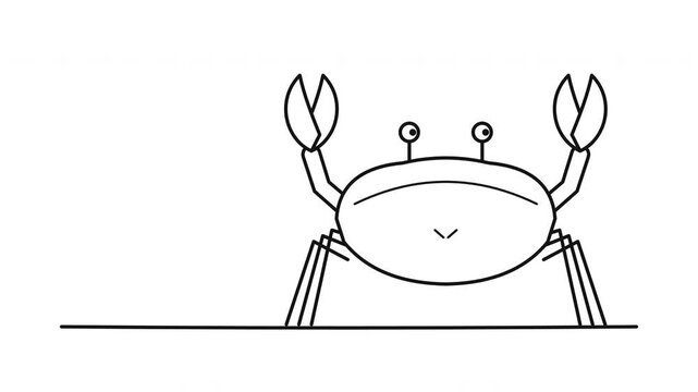 Minimalist line art animation of a crab sidestepping with its claws raised on a white background.