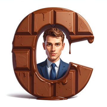 Man in a suit inside a melting chocolate letter C commercial and business concept studio illustration
