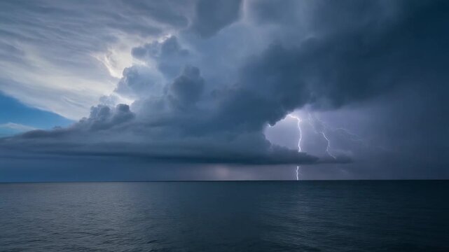 Dramatic Lightning Strikes Over Dark Stormy Ocean, Powerful Nature