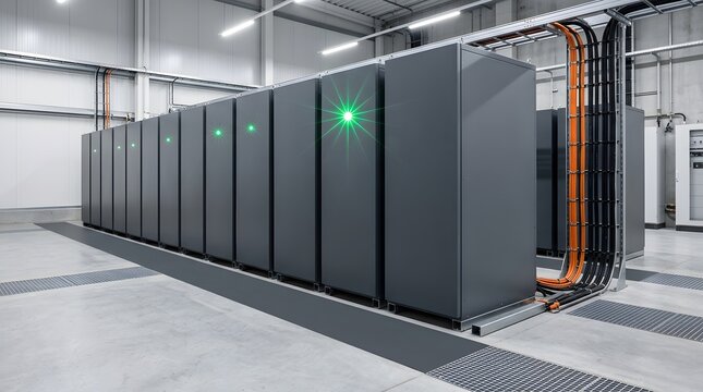 Modern server room with rows of grey cabinets and glowing status lights