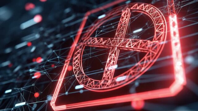 Digital matrix grid with red glowing wireframe symbol of prohibition or cancelation mark. ..Created with Generative AI, not depicting real subjects.
