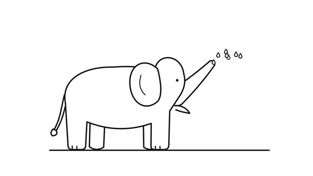Minimalist line art animation of a cute elephant spraying water from its trunk on a white background.