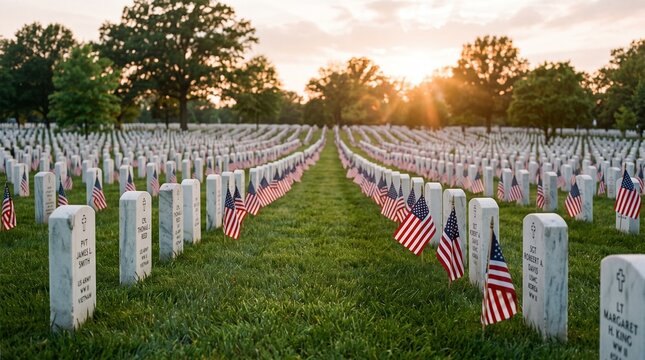 Long rows of pristine white headstones and american flags fill the landscape at arlington national cemetery during a beautiful sunset