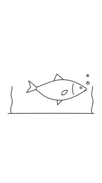 Minimalist line art animation of a fish swimming underwater with bubbles on a white background.