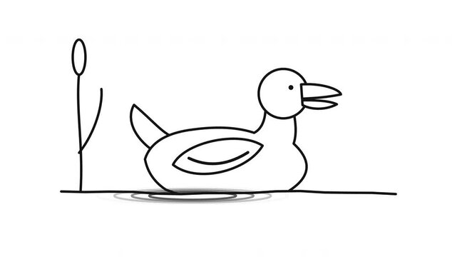 Minimalist line art animation of a duck paddling and quacking in a pond with reeds.