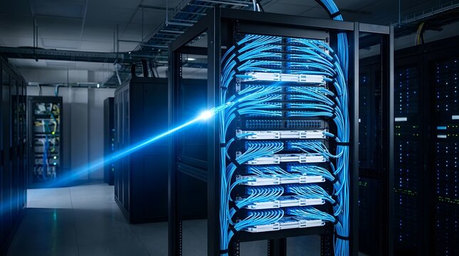 Network server rack with glowing blue fiber optic cable connections