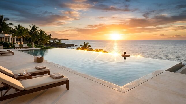 Person relaxing in infinity pool overlooking ocean at sunset
