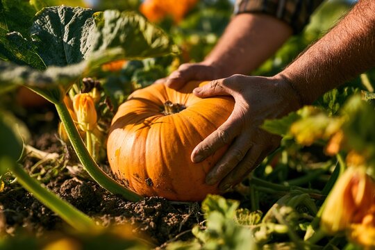 Person's hands holding and picking a large pumpkin among a pumpkin field, showing an autumn harvest scene on a farm with hands-on gardening and picking.