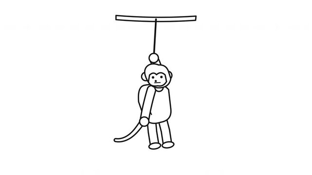 Minimalist line art animation of a monkey swinging on a vine in a seamless loop.
