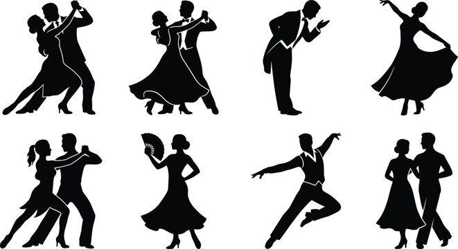 Black silhouette vector collection of elegant ballroom dancers and couples performing waltz, tango, and Latin dances