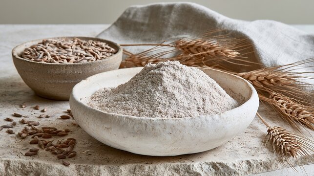 Various types of ground grains and flour are arranged in ceramic bowls, with scattered grain kernels and wheat ears nearby, food industry banners and grocery market backgrounds.