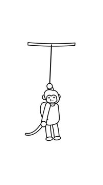 Minimalist line art animation of a monkey swinging on a vine against a white background.