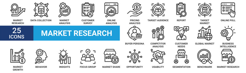 Fototapeta premium Market Research Icon Set. Market Analysis, Data Collection, Customer Survey, Target Audience, Competitor Analysis, Buyer Persona and Business Intelligence Outline Vector Icons Collection