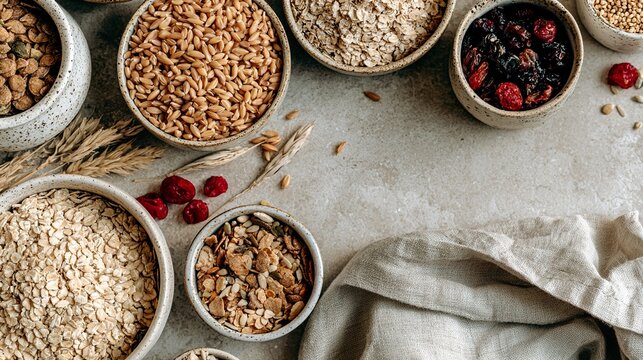 Top view of grain, cereal flakes and dried fruit in small bowls on a gray stone surface with natural linen fabric, arranged as a food banner with copy space.