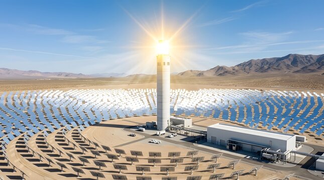 Renewable energy power plant with central solar tower and mirrors in desert