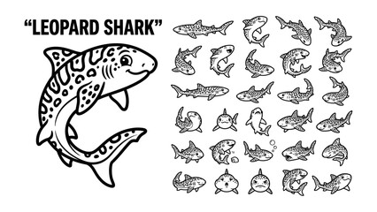 Obraz premium Leopard Shark Collection: A charming, illustrated leopard shark is accompanied by a variety of other stylized shark illustrations, showcasing different poses and expressions.