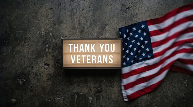 A heartfelt thank you to all veterans for their dedicated service displayed with the american flag on a dark background