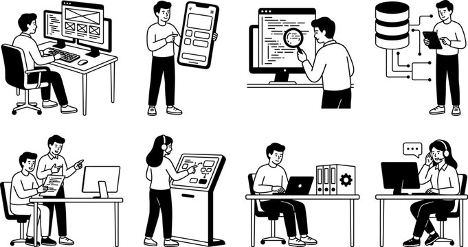 Software development process line art vector illustration set