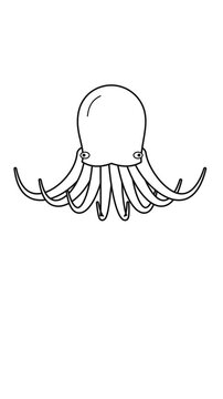 Minimalist line art animation of a cartoon octopus swimming with jet propulsion motion.