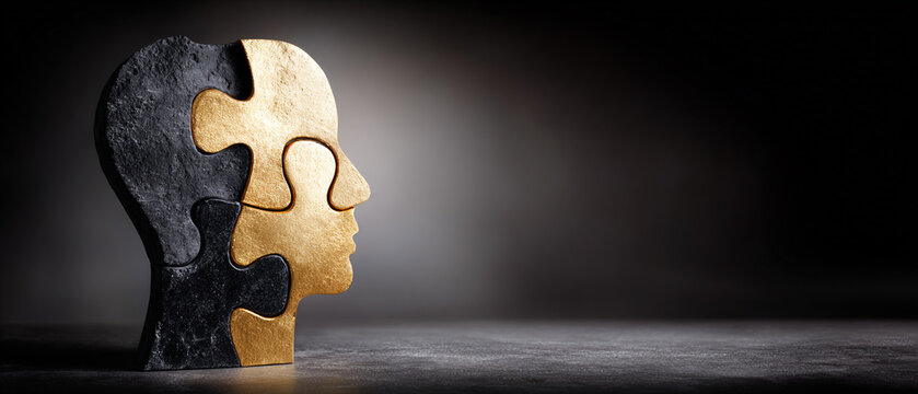 Human Head Profile Formed from Gold and Stone Puzzle Pieces