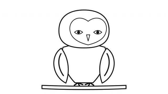 Minimal line art animation of a cute owl blinking and turning its head on a white background.