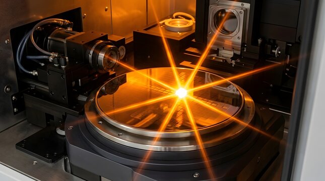 Silicon wafer being processed inside advanced industrial manufacturing machine