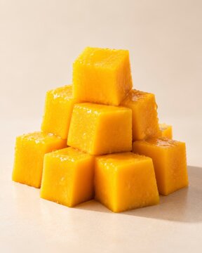 Small mango cube pyramid on beige studio backdrop with soft shadow in minimalist product photography
