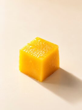 Centered mango cube on a seamless pale cream surface with vivid golden color and a soft long shadow in minimalist studio photography
