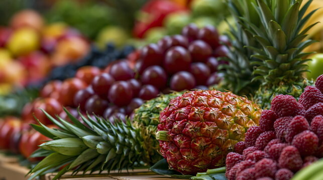 Vibrant Array of Exotic Fruits Stacked High in a Bustling Market with Rich Textures and Fresh Aromas