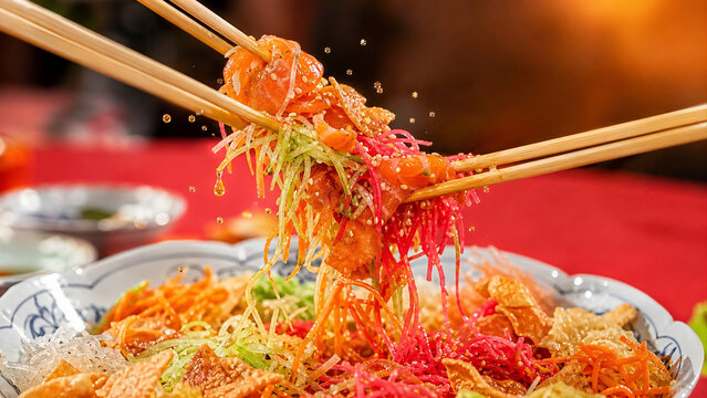 Lo Hei Yu Sheng Prosperity Toss Close Up &mdash; Singapore Malaysia Lunar New Year Food Macro
