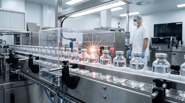 Sterile glass vials moving along a pharmaceutical production assembly line