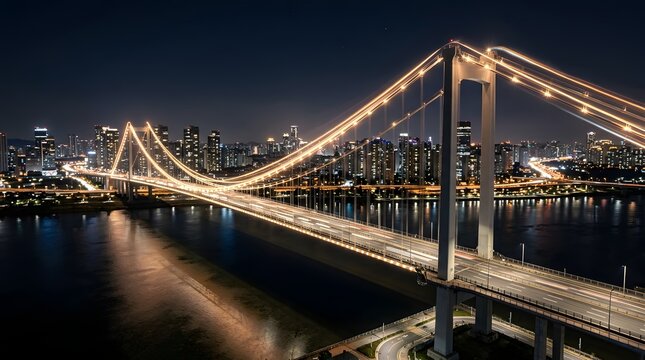 Suspension bridge illuminated at night with city skyline backdrop and water