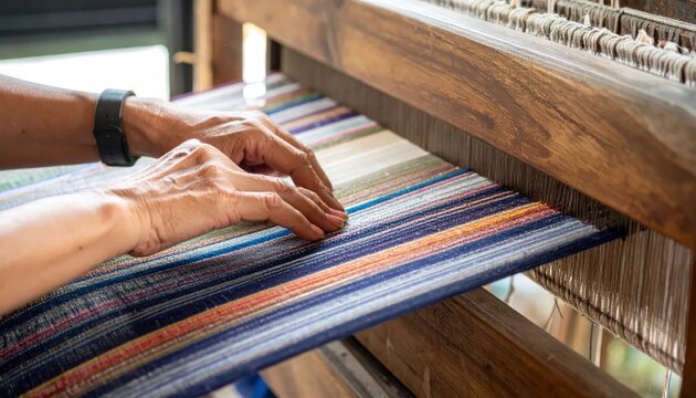 Close-up of hands weaving a colorful striped fabric on a traditional wooden loom, showcasing craftsmanship and textile art.