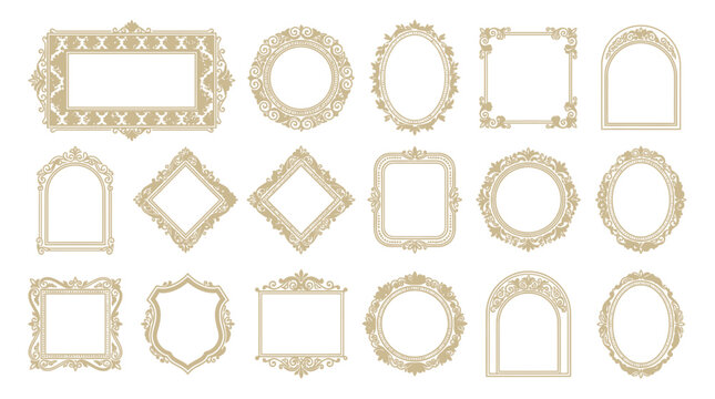 Vintage ornate gold frames set, antique decorative borders collection, 17 elegant baroque vector frames for wedding invitations and luxury branding