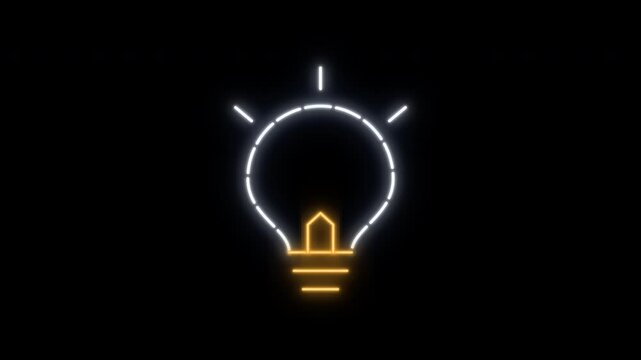 Neon light bulb animation glowing on black background representing innovation and creative idea.