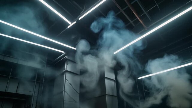 Futuristic Neon Lights and Smoke in Industrial Modern Space