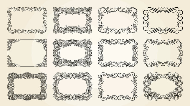 Vintage ornamental frames set, 12 decorative filigree borders with elegant swirls, antique victorian scrollwork vector elements for wedding invitations