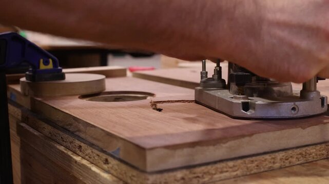 router cut a circle in a wooden panel for a speaker cabinet