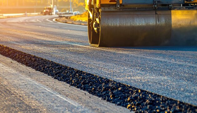 Close-up of asphalt road construction with a steamroller compacting fresh pavement on a sunny day.