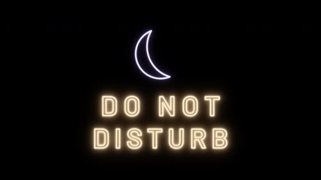 Neon do not disturb sign with crescent moon icon flickering on a black background for hotel and privacy concepts.