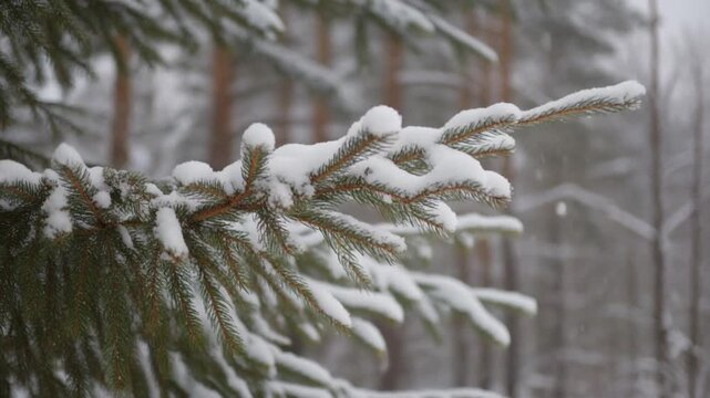 Snow Covered Fir Tree Branch in Winter Forest