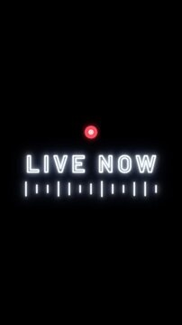 Neon live broadcast sign with live now text and glowing red recording light on black background.
