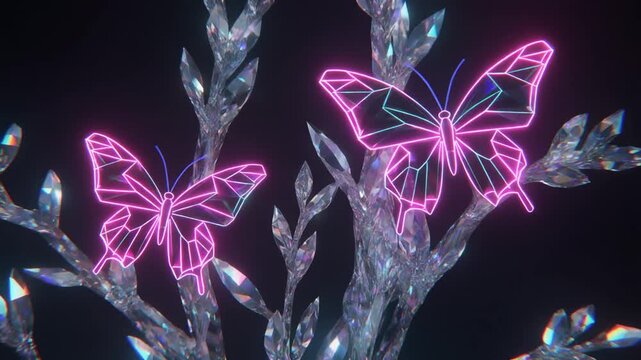 Neon Butterfly Wireframe on Crystal Tree Branches, Sci-Fi Nature Art